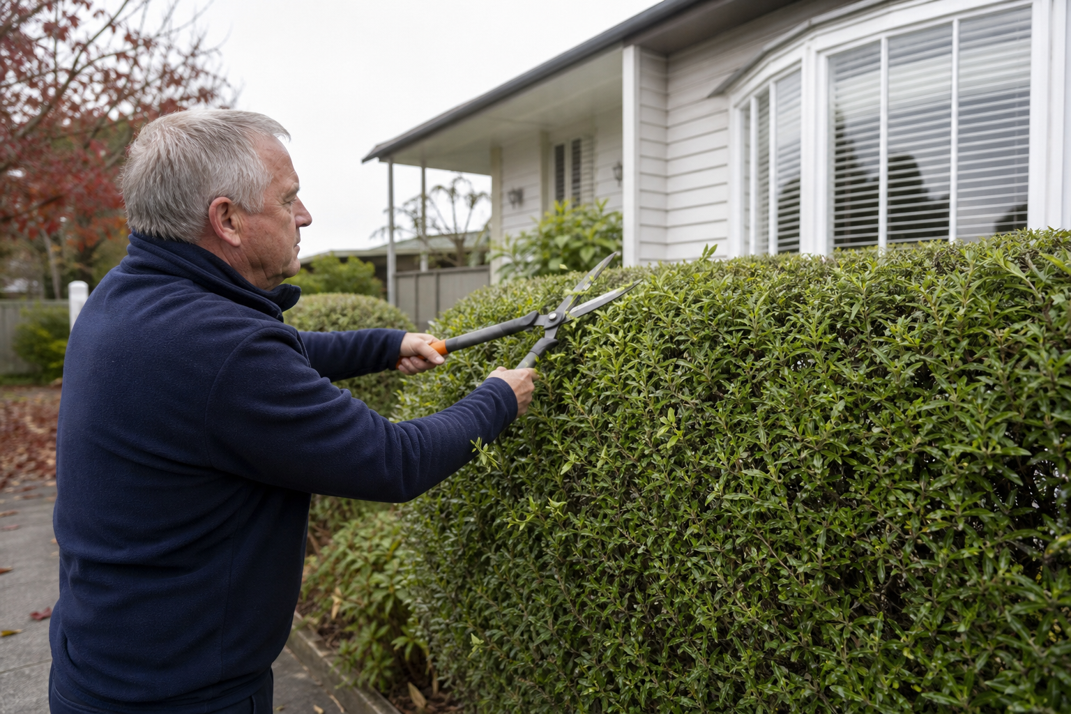 Jess on a step-ladder trimming a long griselinia hedge along a Cambridge driveway, clippings tarped at the base